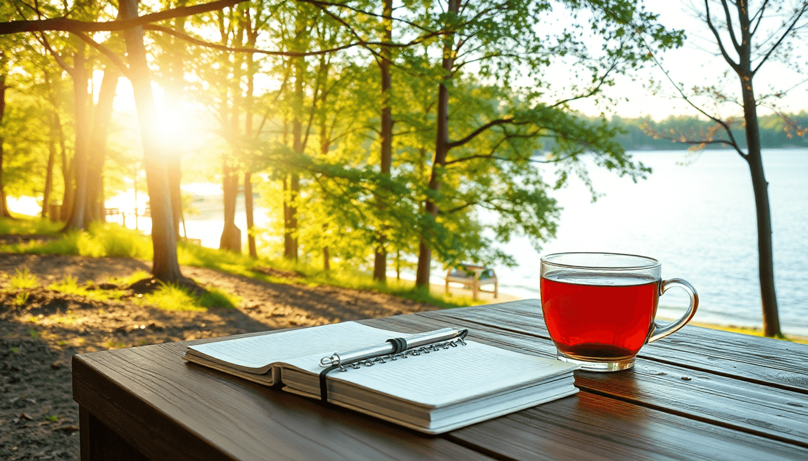 A tranquil forest scene with soft sunlight filtering through the trees, featuring a journal and a cup of herbal tea on a wooden table, evoking relaxation and self-care.