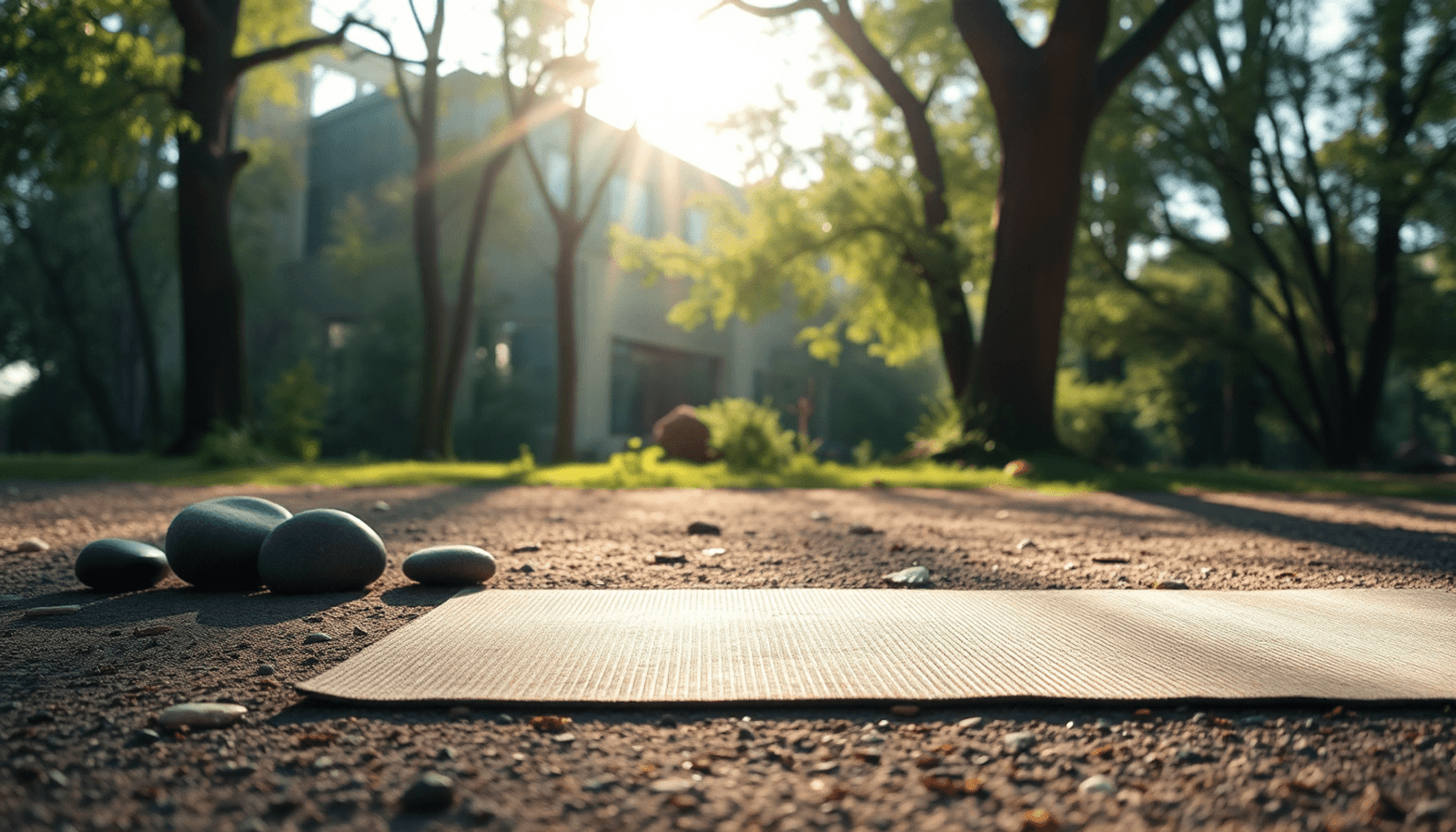 A tranquil outdoor yoga scene with a mat, smooth stones, and soft sunlight filtering through trees, creating an atmosphere of peace and mindfulness.